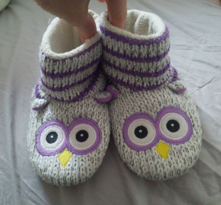 Kapcie pantofle wsuwane na polarku ocieplane sowy wysokie dzianinowe