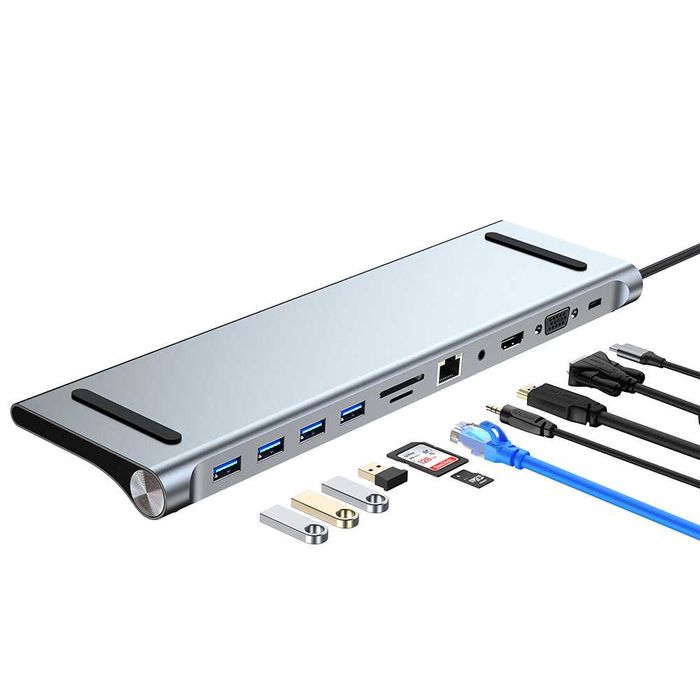 Rozgałęziacz HUB przejściówka USB-C 11w1 4xUSB HDMI SD VGA JACK LAN