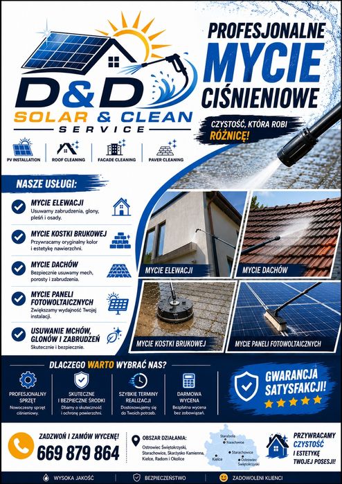 Profesjonalne mycie dachów, elewacji i kostki brukowej | D&D Solar & Clean Service