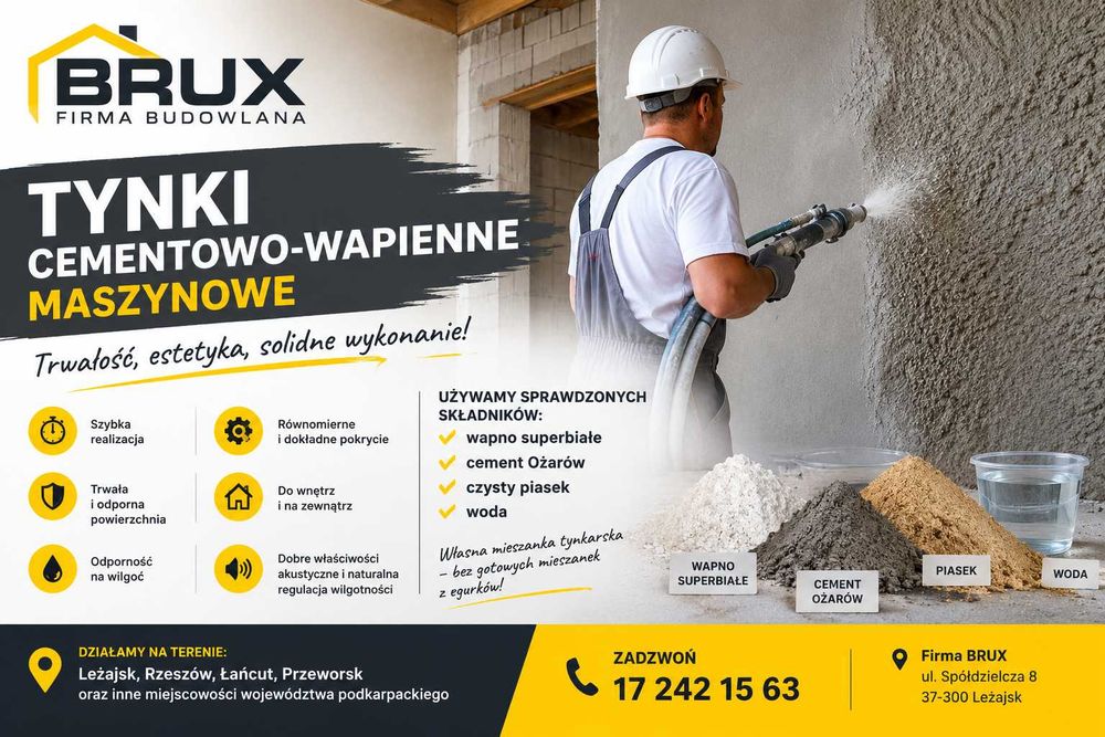 Tynki cementowo-wapienne maszynowe Leżajsk, Łańcut, Rzeszów, Rudnik, Jarosław, Sokołów Młp., Sieniawa, Przeworsk, Nisko, Kolbuszowa.