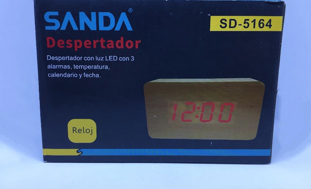 Relógio despertador estilo madeira com luz LED, temperatura, data ,etc