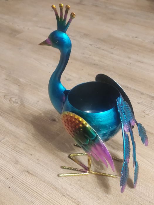 Osłona na doniczkę, kwiat w kształcie Pawia.  Metalowy Paw