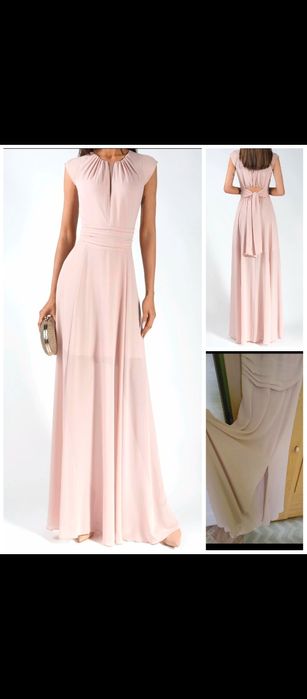 Długa sukienka maxi pudrowy róż z rozcięciem i wiązaniem na plecach.