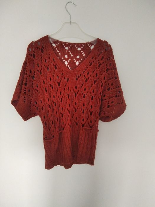 Brązowa ażurową narzutka sweterek swetr damski nietoperz L 40 kimono