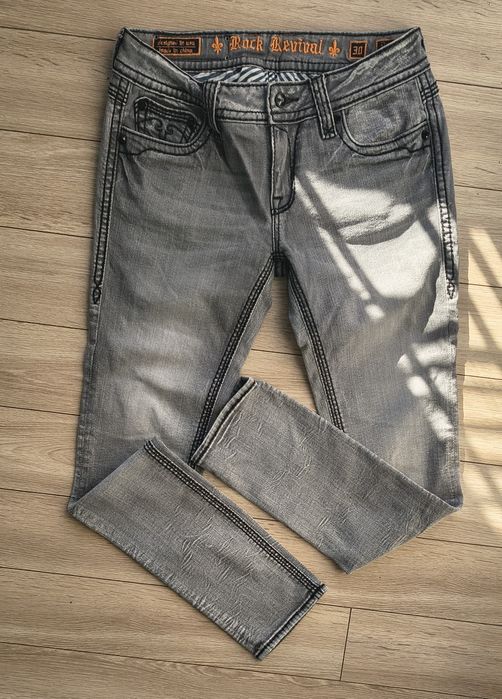 Jeansy Rock Revival Davina Skinny Szare Y2K Grunge Thick Stitch Kryształki R. 30