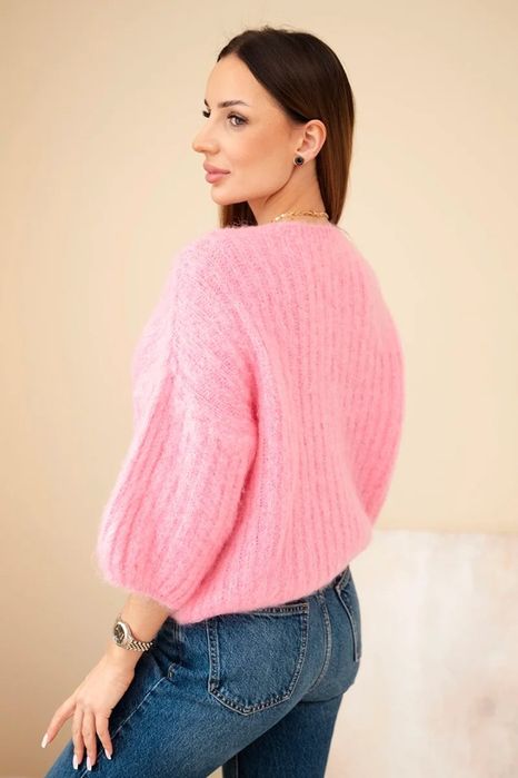Sweter damski moherowy oversize rękaw 3/4 różowy włoski