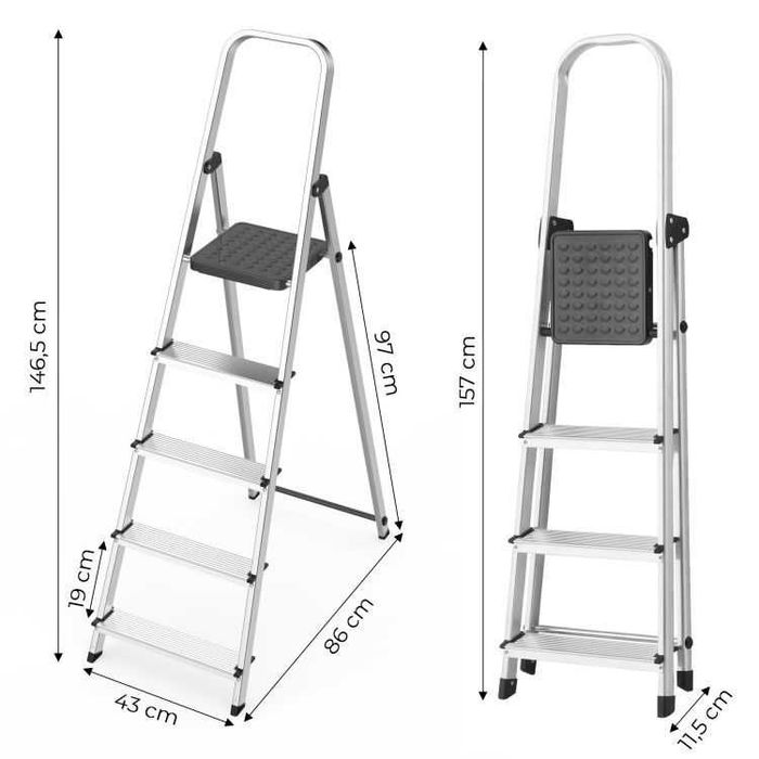 DRABINA ALUMINIOWA jednostronna 5 stopni do 150 kg składana z podestem