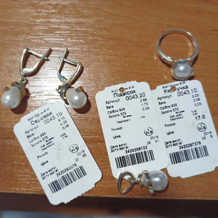 Серебряный набор с жемчугом и золотыми пластинами