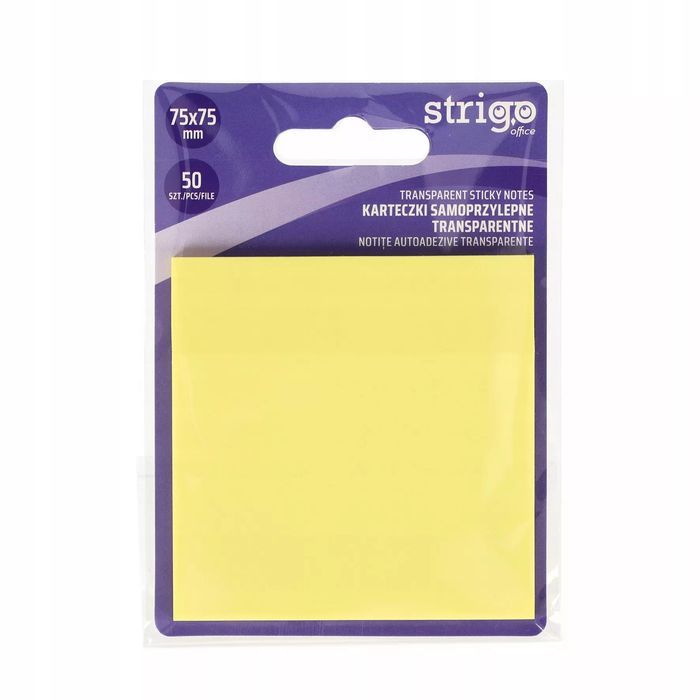 Karteczki Samoprzylepne Przezroczyste Strigo 75X75 50 Kartek Jasnożółte. Nowy Produkt