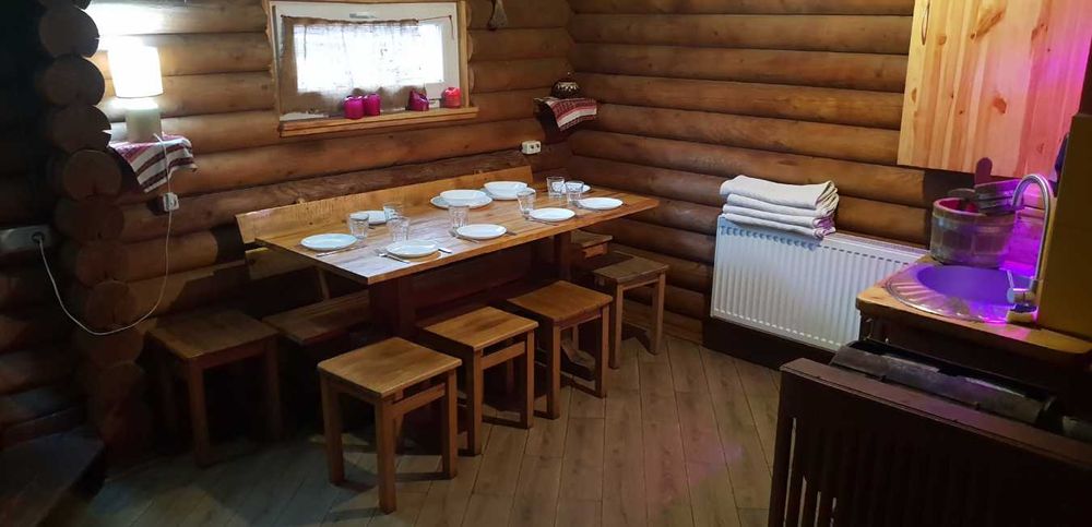 Зруб з Карпат. ЕКО дворик, бесідка, банька, чан, озерце, генератор