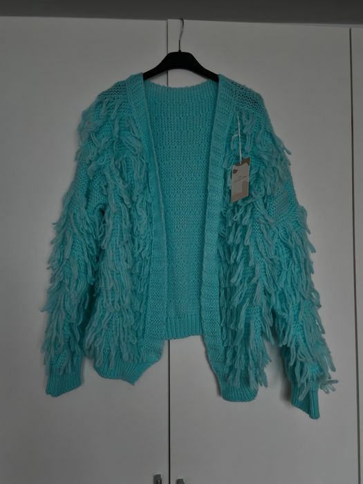 Sweter nowy kardigan mop miętowy turkusowy wełniany m L s uni