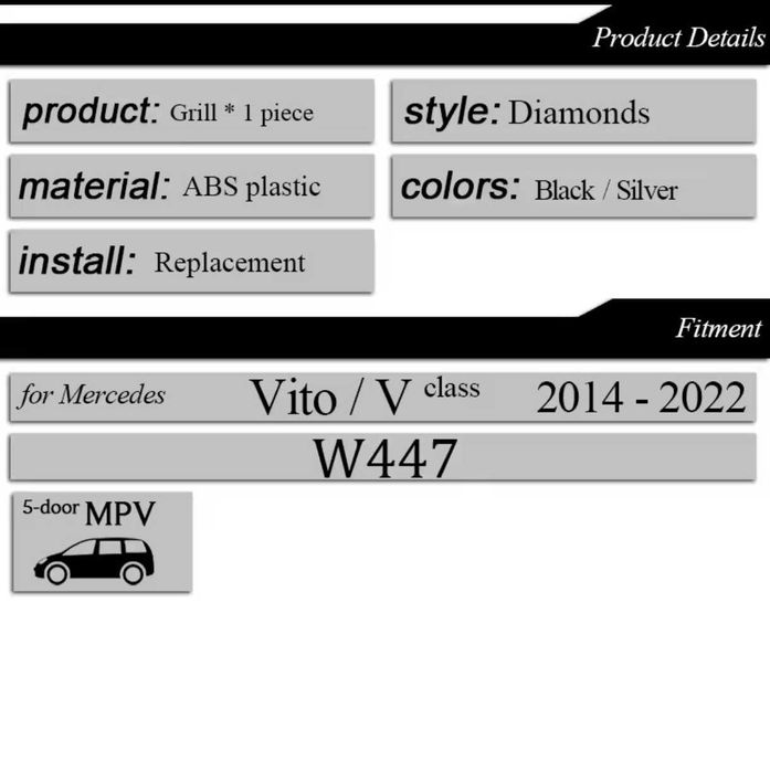 Grelha dianteira para Mercedes-Benz Classe V e Vito 2014-2022 W447