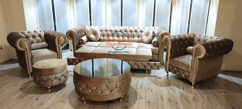 Piękny zestaw cheesterfield głęboko pikowany kryształki  NR 7/2023