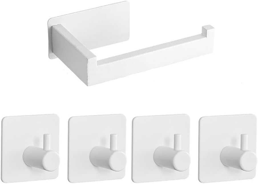Uchwyt na papier toaletowy, bez wiercenia, samoprzylepny z 4 haczykami