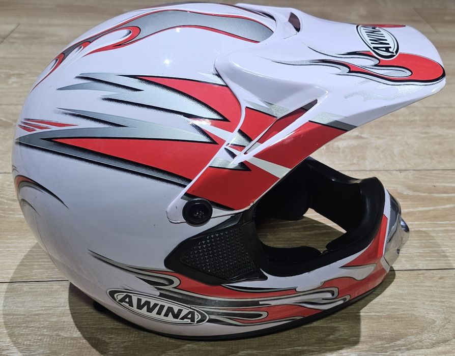 Kask crossowy enduro AWINA biało czerwony + google
