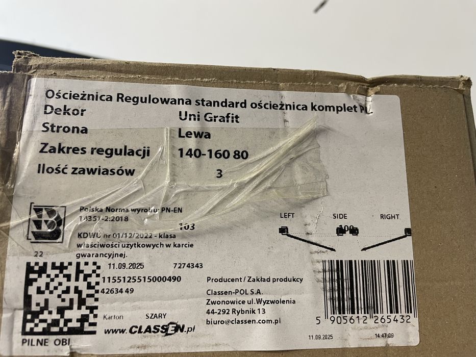 Oscieznica lewa 80 cm 140-160 grafit przylgowa