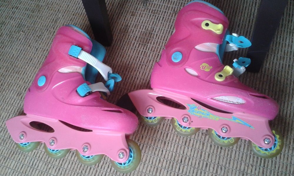 Patins em linha, nº 34+protecções cotovelos, joelhos e punhos