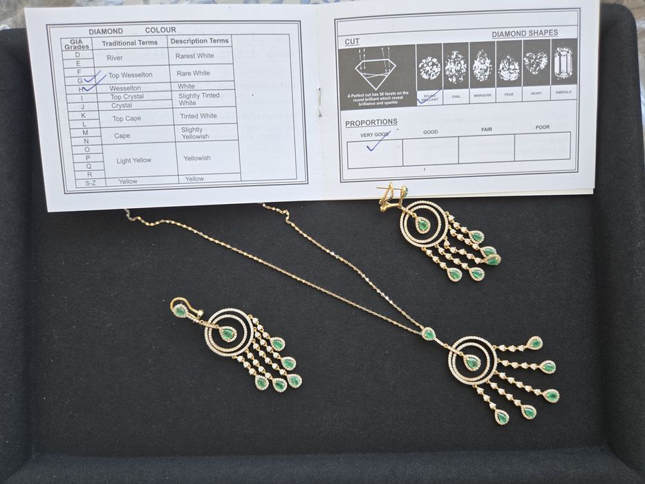 Набір діаманти смарагди,  золото, кольє і сережки
