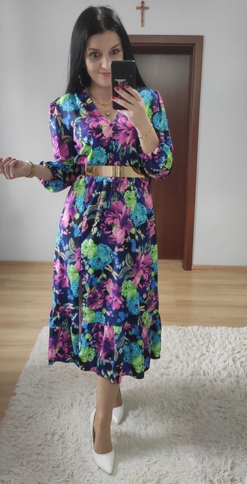 Sukienka MIDI w kwiaty wesele impreza chrzciny