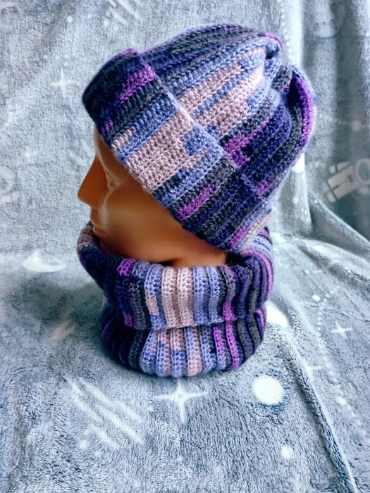 Handmade czapka Smerfetka + komin fiolet mix