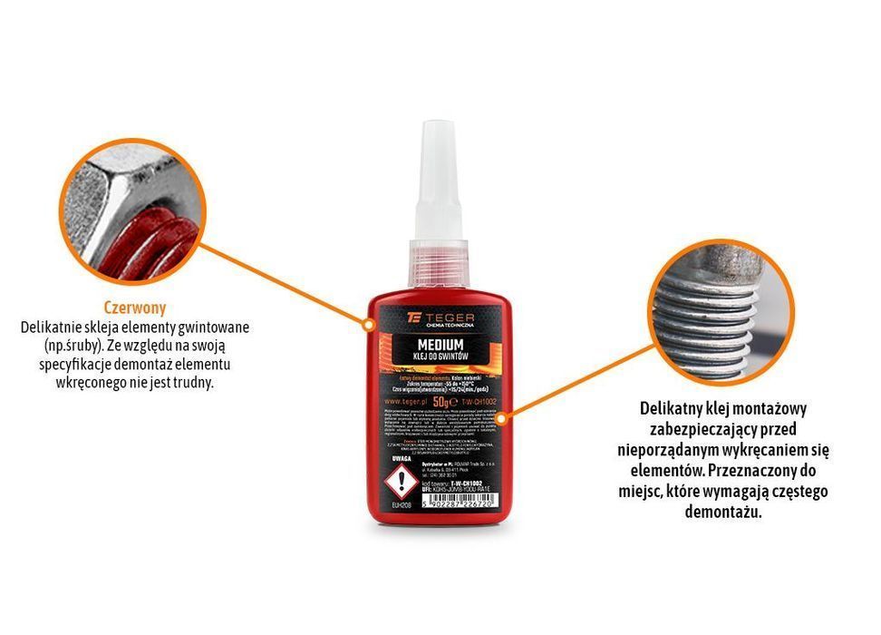 Klej do gwintów STRONG - czerwony 50g  / TEGER
