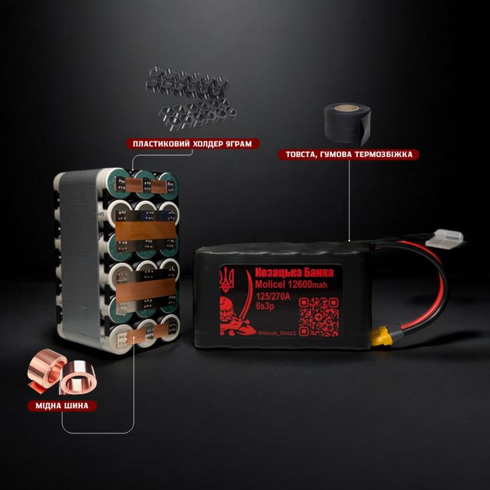 Акумулятор для FPV (ФПВ) дрону 6s3p Li-Ion Molicel, 12600mAh