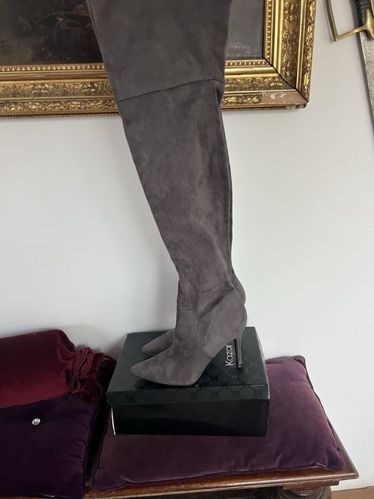 Szare długie kozaki z tkaniny 38 szpilki 10 cm