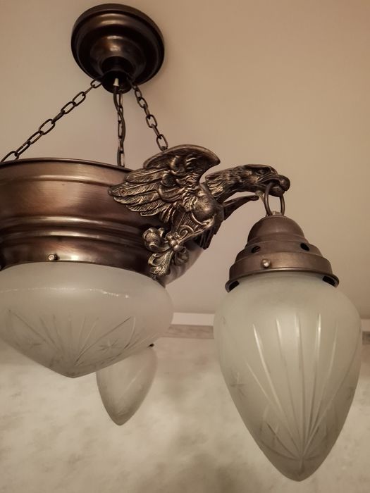 Żyrandol mosiężny Orzeł oraz kinkiety, mosiądz, retro, kryształ, lampa