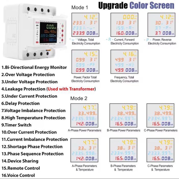 3-х фазный WiFi электросчётчик автомат до 100А с LCD дисплеем