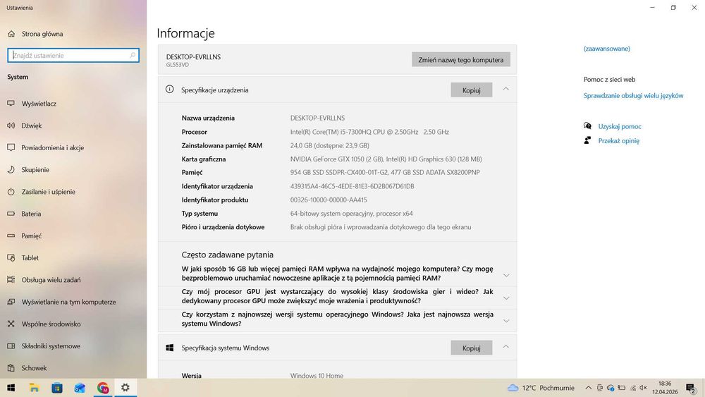 Asus GL553VD | 24 GB RAM | SSD 512 GB + HDD 1 TB | Gotowy do pracy