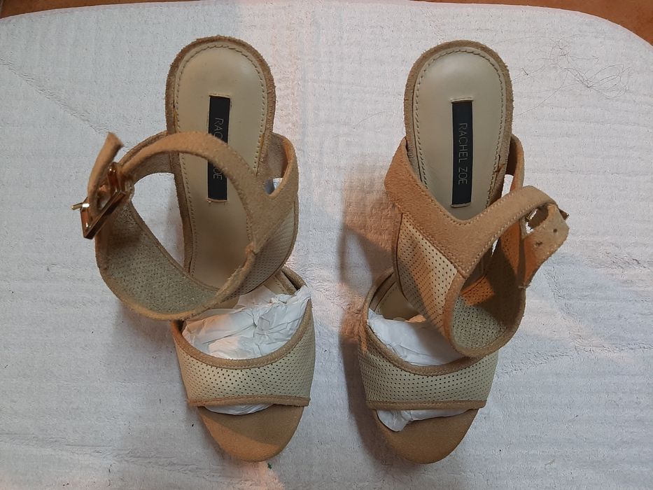 Sandálias Salto Alto Beje - Rachel Zoe - Camurça e Pele