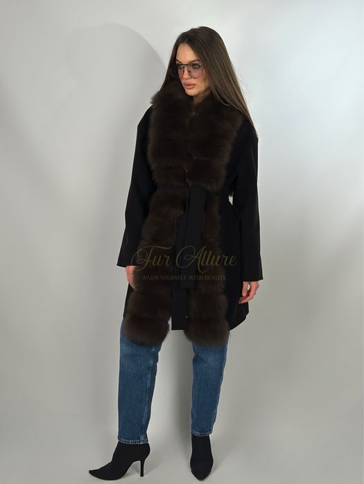 Жіноче чорне кашемірове пальто Мрія з хутром песця 90см,   42-56 рр