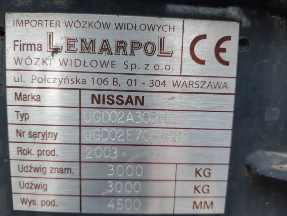 Wózek widłowy Nissan podnoszenie do 3 t.