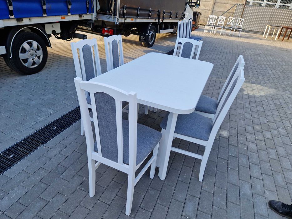 Nowe: Stół rozkładany + 6 krzeseł, biały + szary , dostawa cała POLSKA