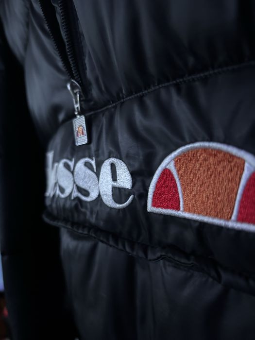 Ellesse black hooded puffer jacket zip logo printed