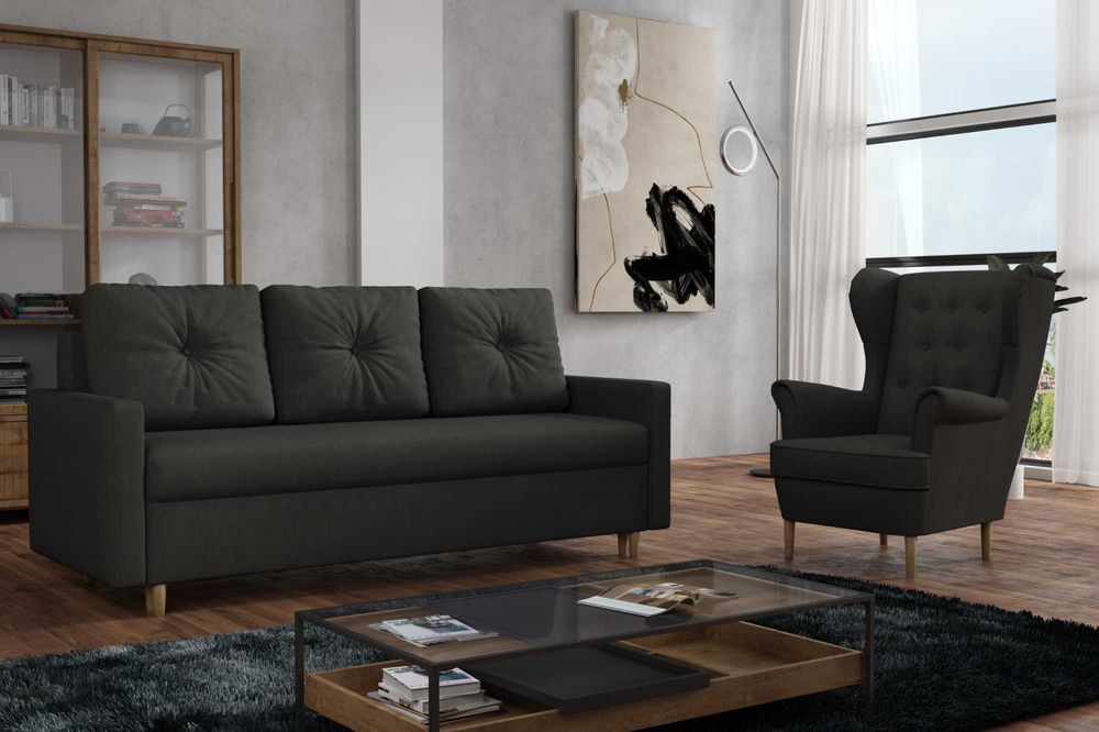 Zestaw komplet wypoczynkowy kanapa Skandynawska i fotel Uszak. Sofa