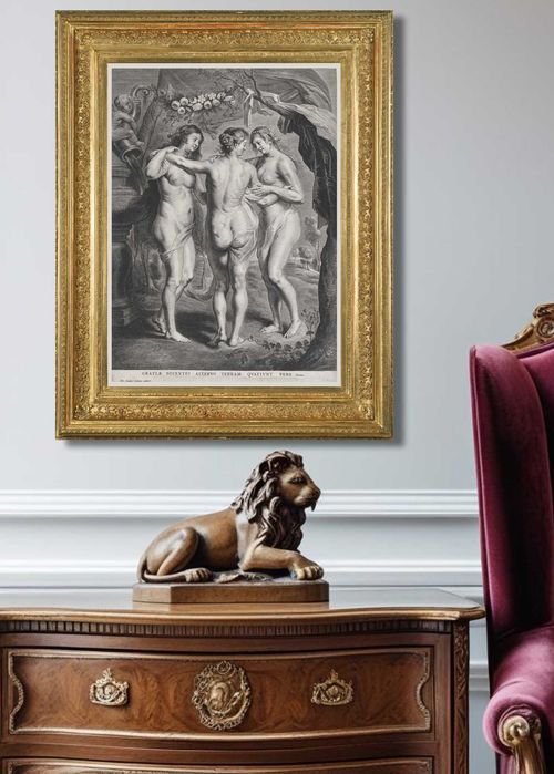 Miedzioryt z 1630 - 1674 rok, "Trzy Gracje", wymiar 38cm x 53cm