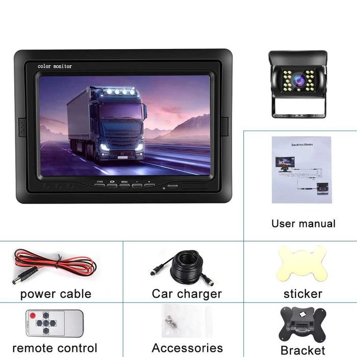 Kit Câmara de Marcha-atrás 12V-24V + Monitor LCD 7" HD (Novo na Caixa)