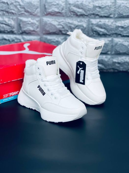 Белоснежные зимние Puma с меховой подкладкой / Кожаные белые кросовки