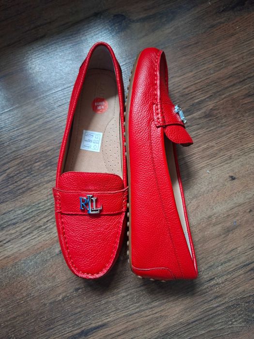 Czerwone skórzane mokasyny Ralph Lauren 38,5