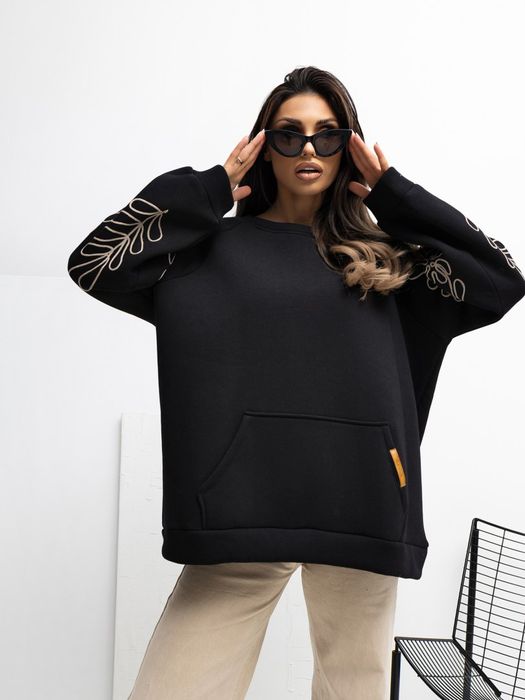 Bluza damska czarna RUE PARIS haft kangurka oversize bufiasty rękaw