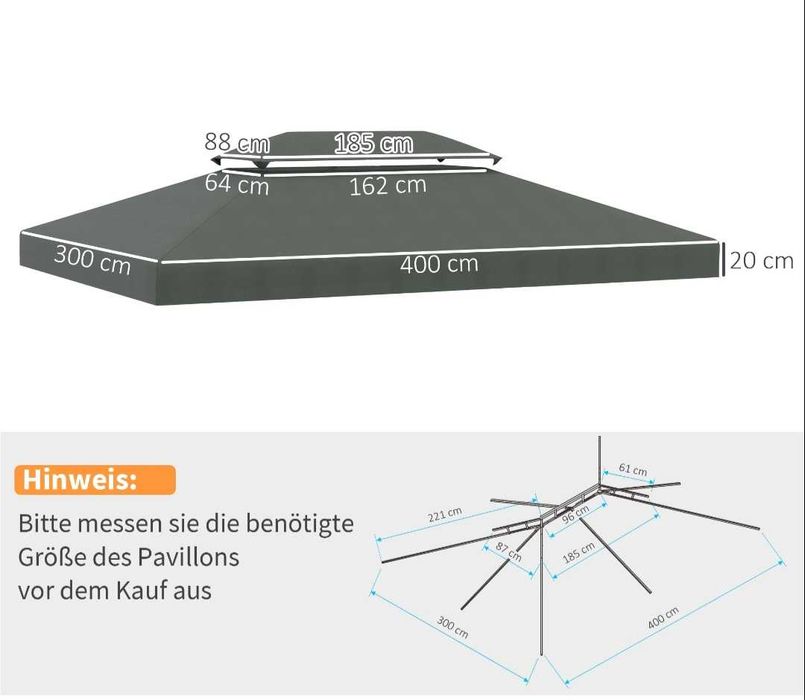 Dach poszycie zamienne do pawilonu ogrodowego 3x4m - Dwupoziomowy Ciemnoszary
