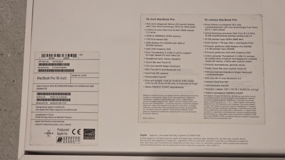 Laptop MacBook Pro 16 i9 2,3GHz 16GB 1TB SSD kupiony w Polsce Dokument