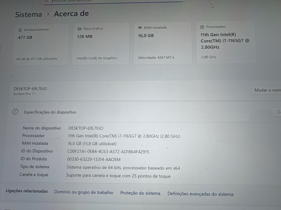 SURFACE PRO I7 11 GERAÇAO  4,7GHZ 16GB memoria ecra 2K + TECLADO