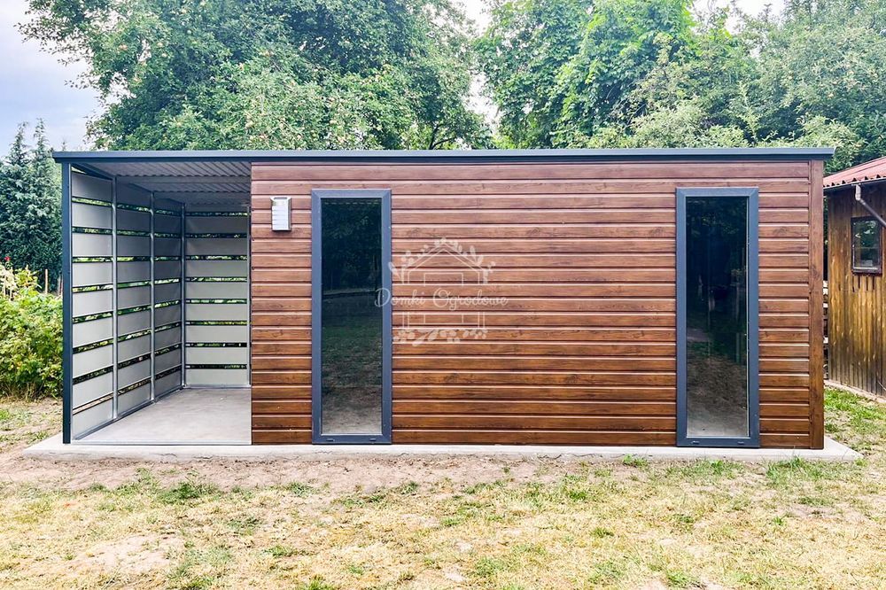 Domek Ogrodowy 4,5x2,5m + Wiata 1,5m Drewnopodobny antracyt ID802