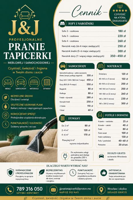 Pranie tapicerki Wrocław | Kanapy | Narożniki | Materace | Samochody