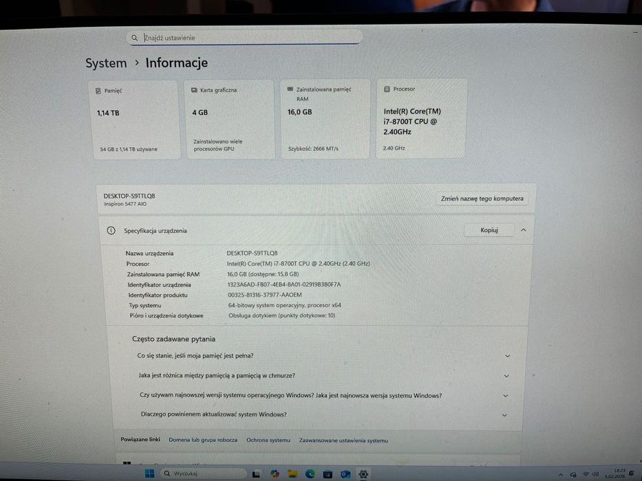 DELL ALL IN ONE 16gb ram windows 11 proceosr intel 23,8cala