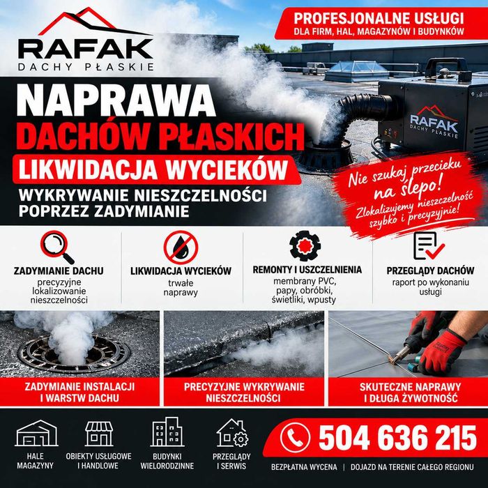 Badanie szczelności dachów płaskich Lokalizacja wycieków Naprawa Doradztwo Zadymianie