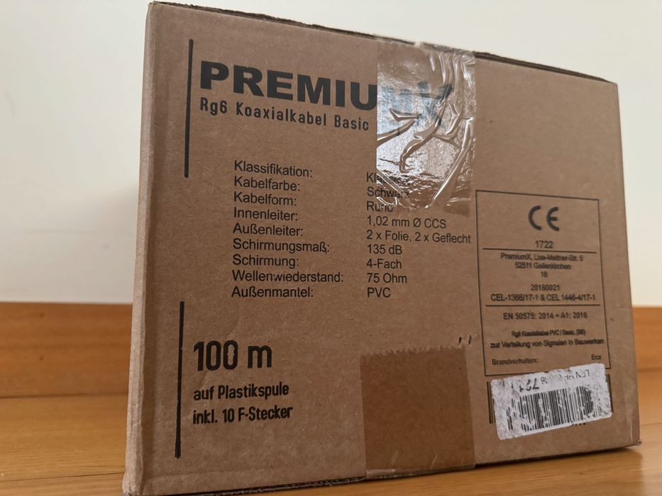 Cabo coaxial - Premium X 100 m +  10x F-Connector - NOVO