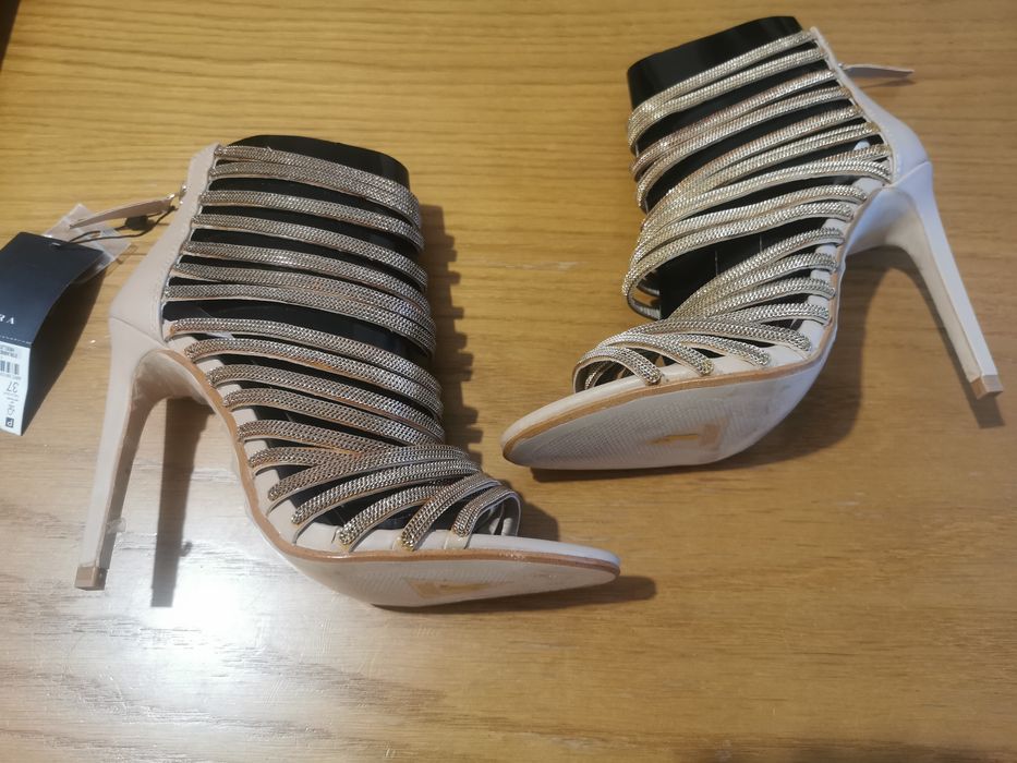 Zara złote szpilki sandałki na obcasie nowe 37